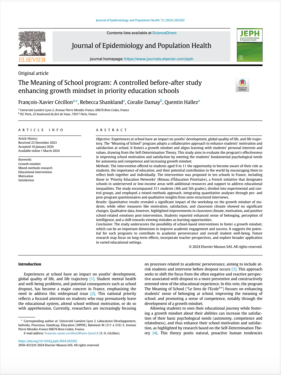 Article scientifique sur les effets positifs du Sens de l'Ecole